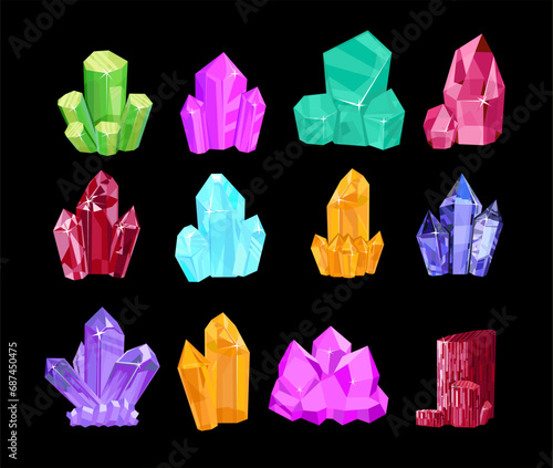 Crystal gems, vector gems on a dark background. Gems, crystals icons. Cartoon minerals, crystals and gems. Natural elements. Multi colored Minerals. Quartz glass, jewelry, geological crystals.