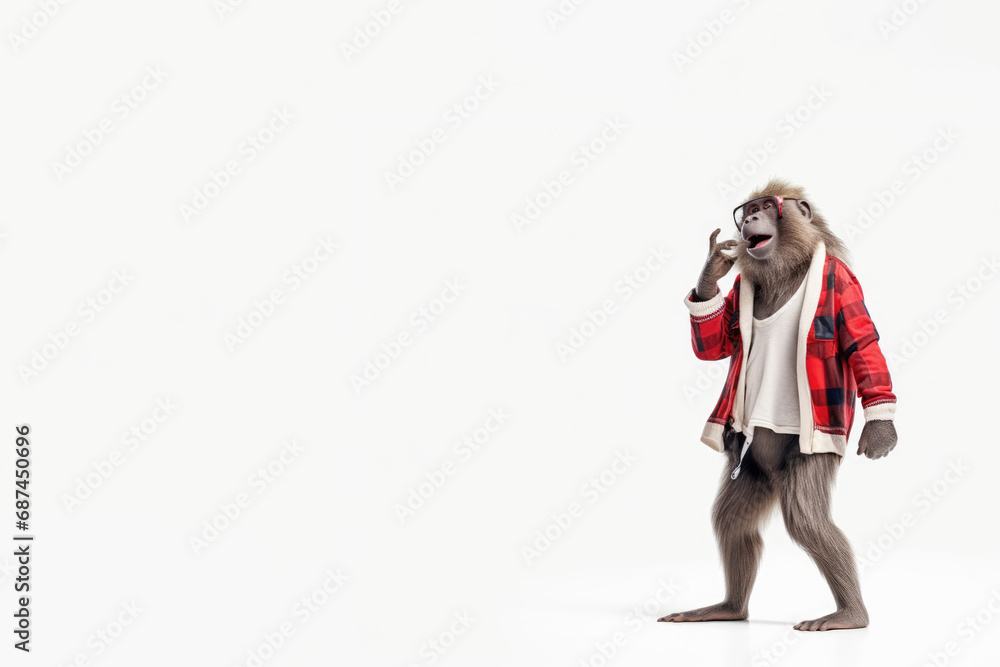 Monkey in red clothes posing like fashion model on white background
