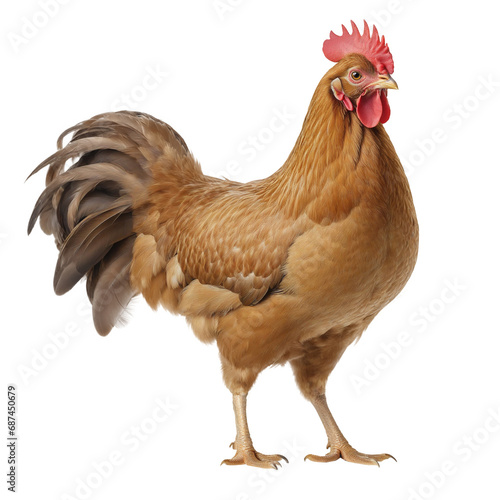 a close-up of full body of brown or red chicken hen standing isolated on a transparent PNG or white background.
