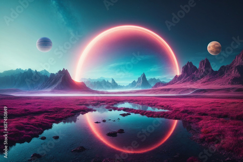 Landscape of an alien planet, view of another planet surface, science fiction background. Generative AI
