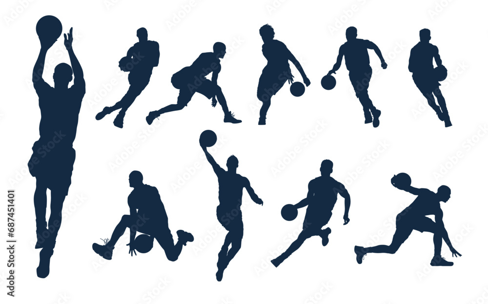 set of vector silhouette designs of basketball athletes. silhouettes of people playing basketball with various body poses. basketball sport athlete element for sports concept banner and brochure set of vector silhouette designs of basketball athletes. silhouettes of people playing basketball with various body poses. basketball sport athlete element for sports concept banner and brochure