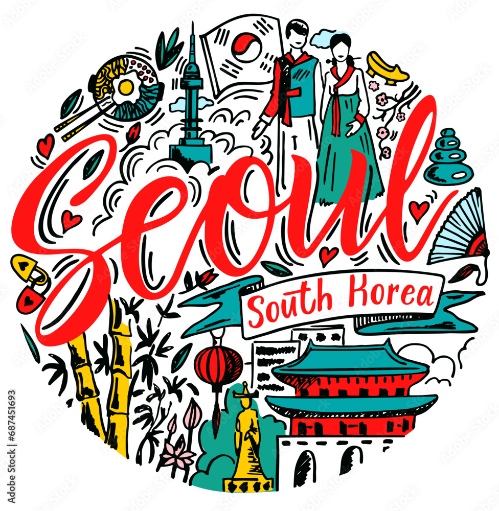 Seoul banner vector illustration. Beautiful attractions of Seoul lettering text. Travel Korea concept. Seoul calligraphy vector quote. Travel poster, postcard and advertising design or t-shirt design