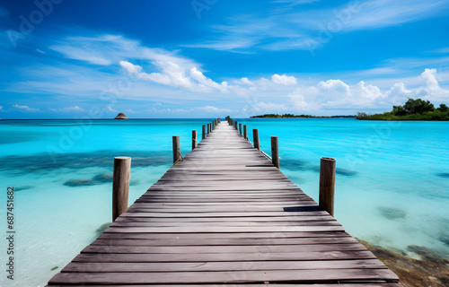 wooden bridge with beautiful turquoise ocean and island for travel vacation card design © Oleksiy