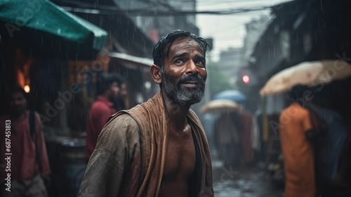 AI generated illustration of a mature Indian man standing on the street in the rain