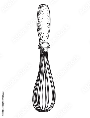 Sketch whisk. Balloon whisk clipart. Whisk with wooden handle cartoon hand drawn. Kitchen utensils for mixing, whisking, cooking egg. Vector illustration isolated on white background.