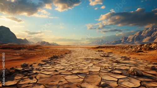 A desert landscape with barren sands and rugged
