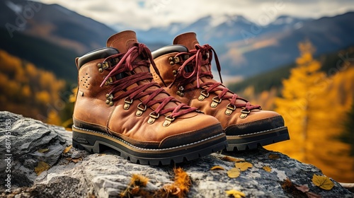 Hiking Boots on Mountain Rock with Autumn Leaves