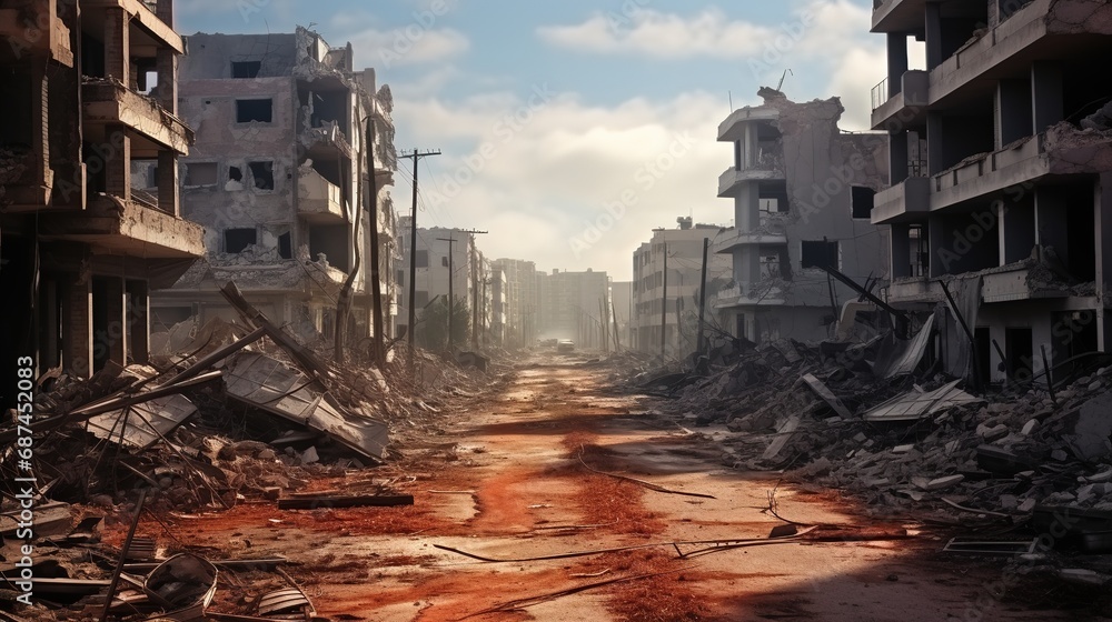War-Torn City with Ruined Buildings and Streets