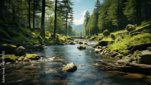 A dense forest beside a quiet and pristine river