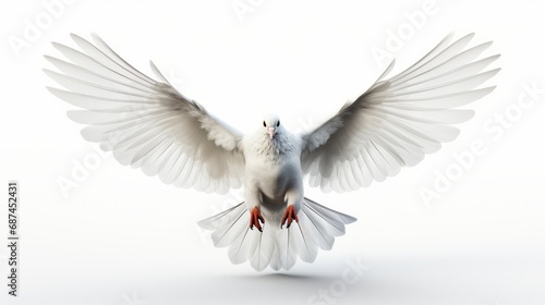 A white dove isolated against a pure white backdrop