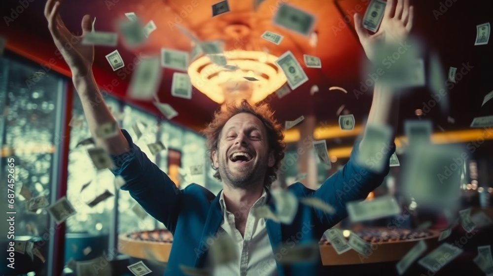 Homme gagnant au casino, gain en argent (pièces et billets), blackjack, roulette et machine à sous. - obrazy, fototapety, plakaty 