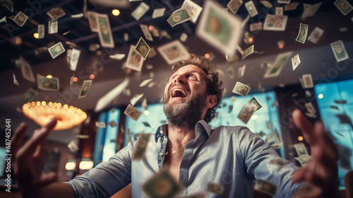 Homme gagnant au casino, gain en argent (pièces et billets), blackjack, roulette et machine à sous. photo