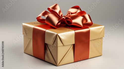 A golden gift box adorned with a red bow