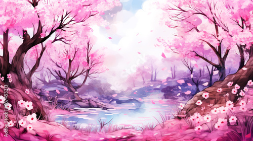 Watercolor spring landscape with pink cherry blossom trees and lake. © Narin