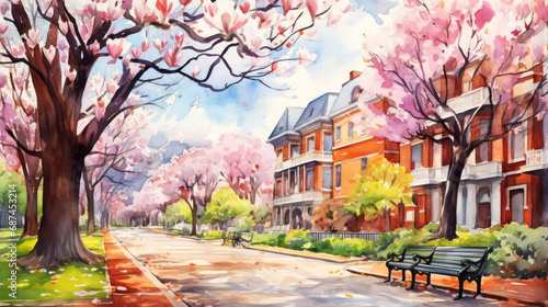 City Park with blooming cherry trees and bench. Watercolor illustration.