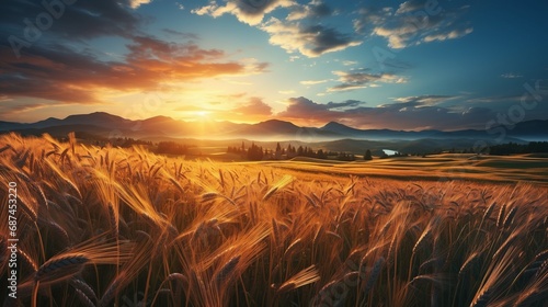 Colorful sunset over a wheat field panoramic view
