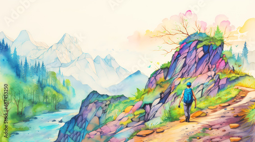 Digital painting of a hiker in the mountains. Watercolor illustration.