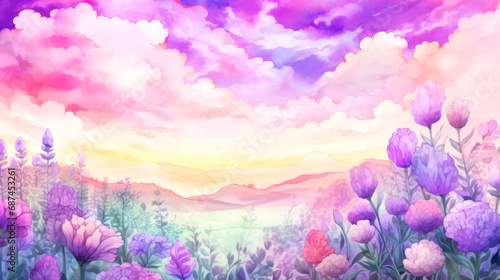 Beautiful summer landscape with flowers and mountains. Watercolor illustration.
