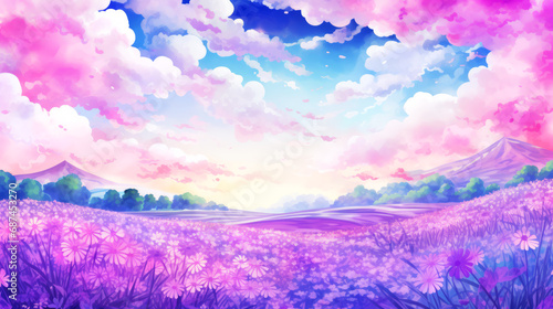 Beautiful landscape with mountains  meadows and flowers. Digital painting.