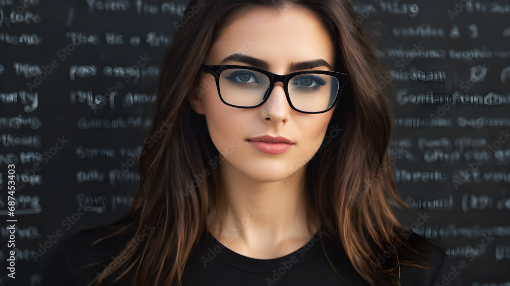 Attractive woman with glasses and black t-shirt on a blackboard background. Generative Ai Attractive woman with glasses and black t-shirt on a blackboard background. Generative Ai