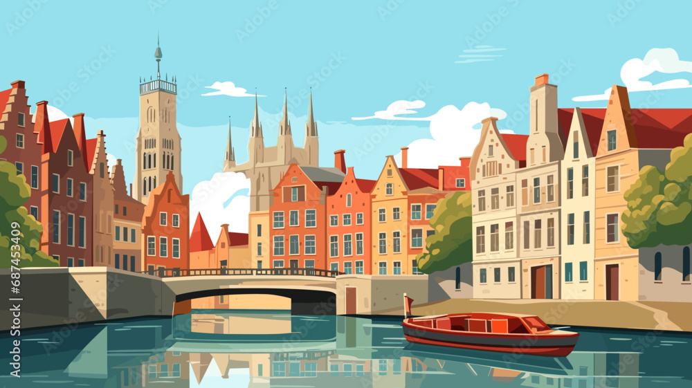 Fototapeta premium copy space, simple vector illustration, typical view of the canals in Bruges, Belgium. hand drawn, view of the typical canals in the city centre of Bruges, Belgium. Famous touristic spot. Must-see tou