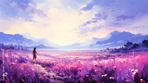 Digital painting of a woman standing in a field of flowers and mountains.