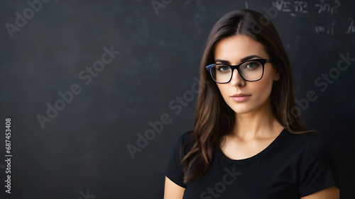 Attractive woman with glasses and black t-shirt on a blackboard background. Generative Ai