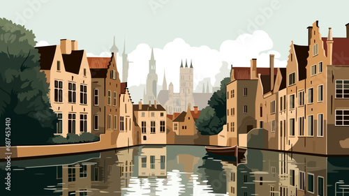 copy space, simple vector illustration, typical view of the canals in Bruges, Belgium. hand drawn, view of the typical canals in the city centre of Bruges, Belgium. Famous touristic spot. Must-see tou