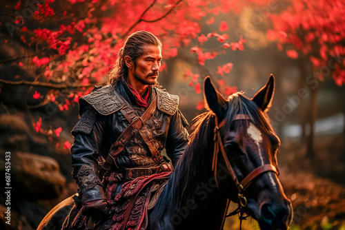Guerrero Samurai con su atuendo de guerra sobre caballo, con katana en mano, en un bosque de almendros en otoño