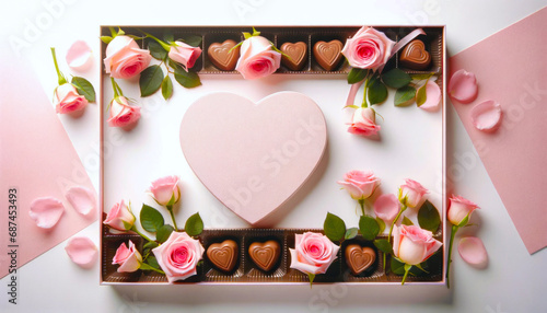Heart shaped chocolate box and pink roses photo