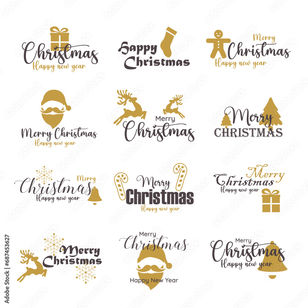 Fototapeta premium Merry Christmas Typography Set of 12 - Vector Logos, Emblems, and Text Designs