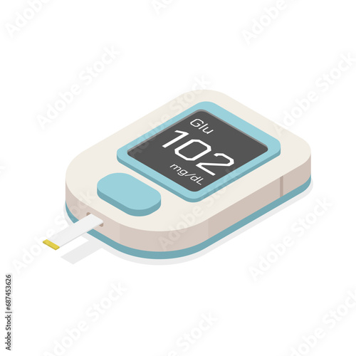 A portable home use medical equipment. Glucometer  measuring glucose level in blood flow. Isometric vector design. Isolated object on white background.