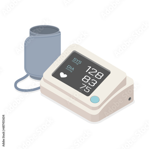 A portable home use medical equipment. Digital sphygmomanometer measuring blood pressure and heart rate. Isometric vector design. Isolated object on white background.
