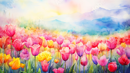Tulip flowers. Watercolor painting on canvas. Spring landscape. #687453637