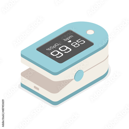 A portable home use medical equipment. Pulse oximeter measuring oxygen saturation in blood and heart rate. Isometric vector design.