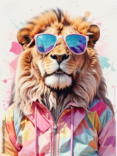 happy  lion in sunglasses with fantasy paint splashes around,Design of Lion wearing a colorful  jacket and sunglasses. ai genarative © DSM