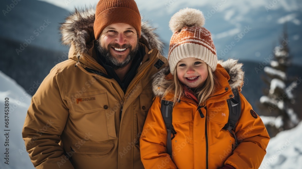 Happy father and daughter enjoying winter holidays over the mountains. Family travel concept. Happy father and daughter enjoying winter holidays over the mountains. Family travel concept.