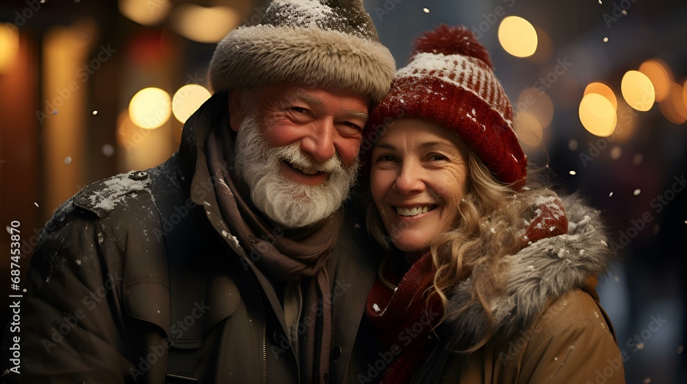 Happy elderly couple laughs and talks on an evening walk against the backdrop of bokeh and glare from holiday light bulbs and lanterns (Ai generation) Happy elderly couple laughs and talks on an evening walk against the backdrop of bokeh and glare from holiday light bulbs and lanterns (Ai generation)