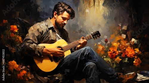 Handsome young man playing the guitar in an oil painting.
