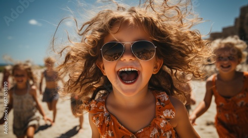 Portrait of a little cheerful girl in glasses running with other children on a tropical beach. Happy children enjoying and having fun outdoors on beach holiday