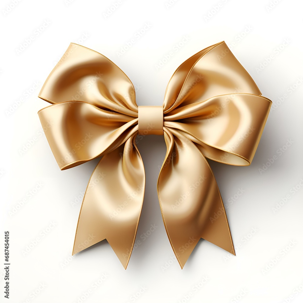 Gold gift bow on a white background: postcard, screensaver, layout, congratulations, holiday, gift, surprise, bright, big (Ai)