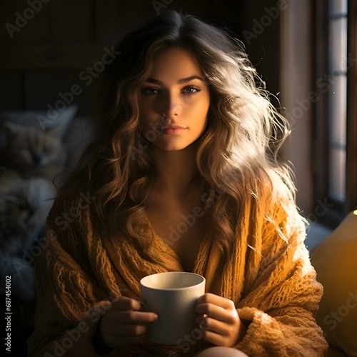 Beautiful curly girl, young woman portrait. Drinking coffee, holding a mug. Warm clothes, a sweater. Smile, happiness, joy. Welcoming a new day, morning. Image for social networks. Generation Ai