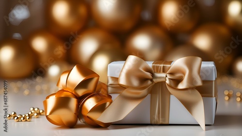 A gift in the form of a box with a bow on a gold background: congratulations on the New Year, Christmas, March 8, Valentine's Day and February 14, Mother's Day, Birthday (Ai generation)