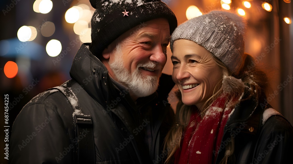 Happy elderly couple laughs and talks on an evening walk against the backdrop of bokeh and glare from holiday light bulbs and lanterns (Ai generation) Happy elderly couple laughs and talks on an evening walk against the backdrop of bokeh and glare from holiday light bulbs and lanterns (Ai generation)