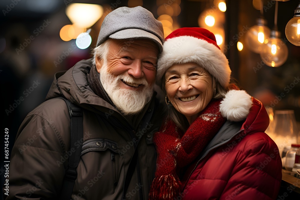Happy elderly couple laughs and talks on an evening walk against the backdrop of bokeh and glare from holiday light bulbs and lanterns (Ai generation) Happy elderly couple laughs and talks on an evening walk against the backdrop of bokeh and glare from holiday light bulbs and lanterns (Ai generation)