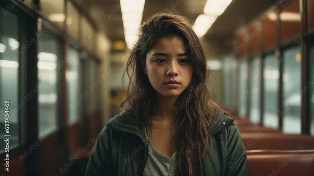 a sad, depressed woman with long hair sitting in an empty train. Social anxiety disorder. social phobia. a sad, depressed woman with long hair sitting in an empty train. Social anxiety disorder. social phobia.