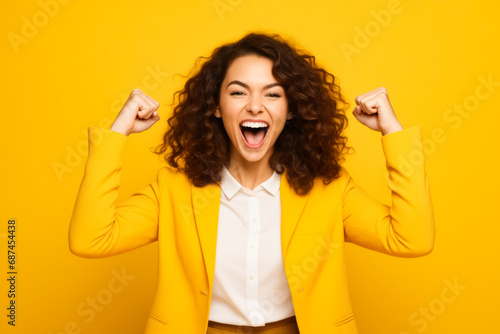 Woman with curly hair and yellow jacket is holding her arms up. photo