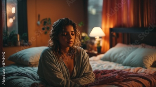 a sad woman sitting on a bed in a dimly lit room. woman seems relaxed as she sits cross-legged on top of the covers with her eyes closed.  Social anxiety disorder. social phobia.