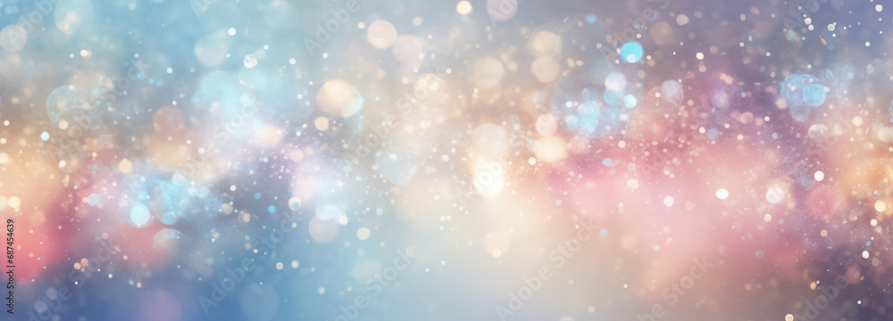 Christmas winter blurred background. Xmas snow, garland lights, holiday festive background. Widescreen backdrop. New year Winter art design, wide screen holiday border