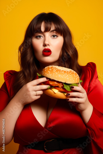 Woman in red dress holding hamburger in her hands.